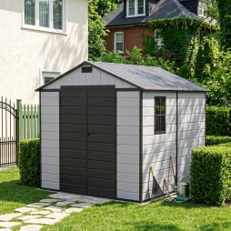 Living and Home 7.53 x 8.01FT Apex Roof Plastic Garden Storage Shed, Grey+Black, Lockable Double Doors & Window, Weather-Resistant PP & Aluminium Frame Tool Shed