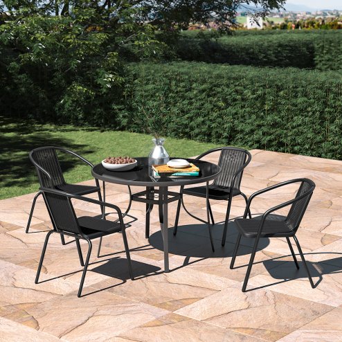 5-Piece Outdoor Tempered Glass Garden Table with Four Rattan Chairs