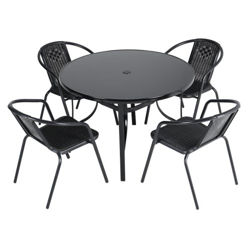 5-Piece Outdoor Tempered Glass Garden Table with Four Rattan Chairs