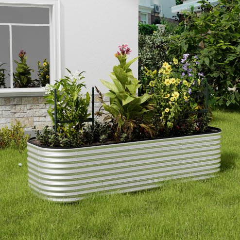 Living and Home 240cm W x 80cm D x 56cm H Oval-Shaped Galvanized Steel Raised Garden Bed, Galvanized Silver