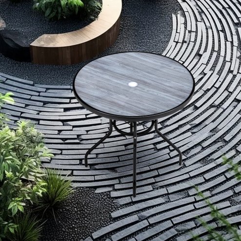 80cm Dia Garden Tempered Glass Wood Grain Coffee Table