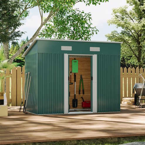 Living and Home 4x8FT Metal Pent Roof Garden Tool Shed, Dark Green