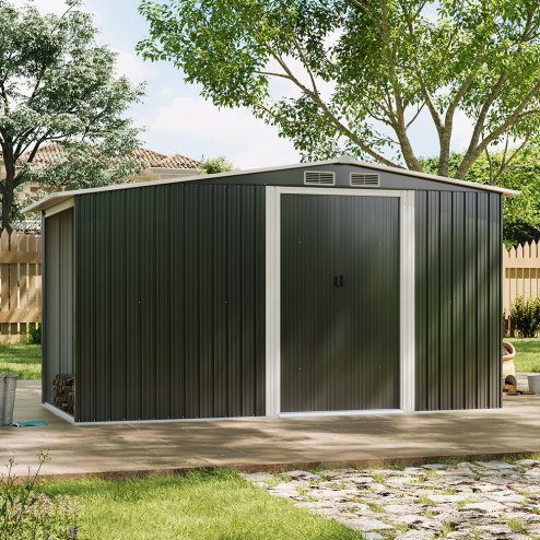 Living and Home 4x8FT Metal Garden Storage Shed with Log Storage, Anthracite