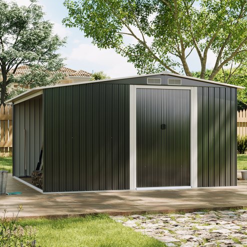 Living and Home 8ft x 8ft Garden Metal Storage Shed with Log Storage, Black