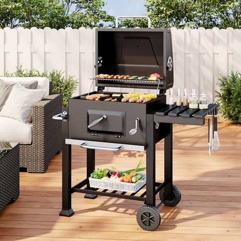 Rattan Modular 6 Piece Furniture Set Grey + Outdoor Portable Charcoal BBQ Grill Barbecue Trolley Bundle