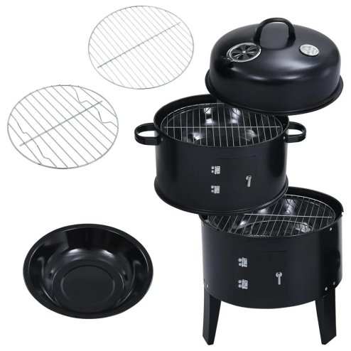Rattan Patio Furniture Set Black + 3-In-1 Portable Outdoor Charcoal BBQ Grill Smoker Bundle