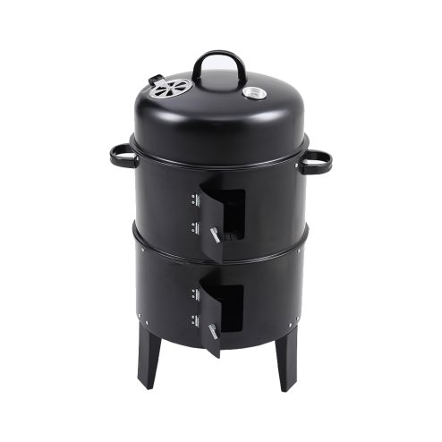 Rattan Patio Furniture Set Black + 3-In-1 Portable Outdoor Charcoal BBQ Grill Smoker Bundle