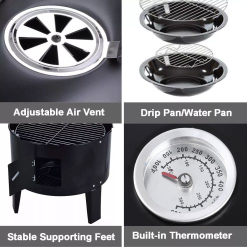 Rattan Patio Furniture Set Black + 3-In-1 Portable Outdoor Charcoal BBQ Grill Smoker Bundle