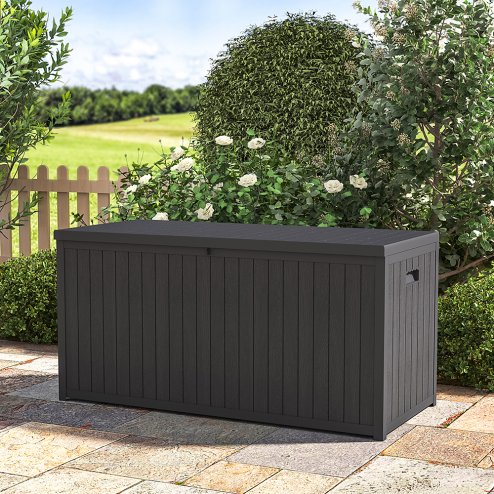 Living and Home 430L Black Waterproof Garden Storage Box with Dual Handles and Lockable Lid - Large Plastic Tool & Equipment Storage