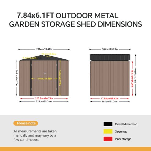 Living and Home 7.84 x 6.1FT Apex Roof Metal Garden Storage Shed with Lockable Door