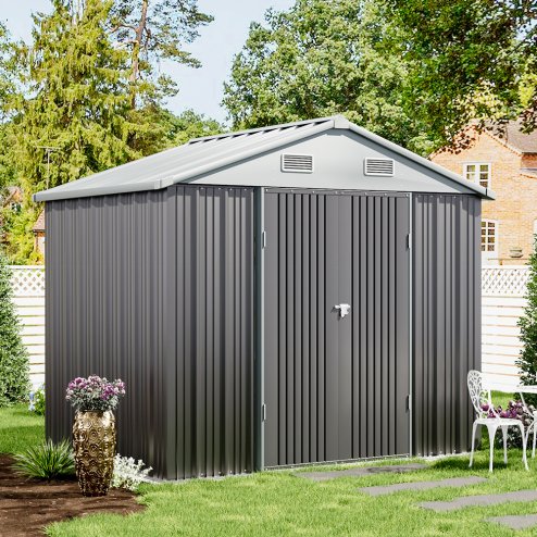 Living and Home 7.83 x 6.1FT Apex Roof Metal Garden Storage Shed with Lockable Door, Grey+White