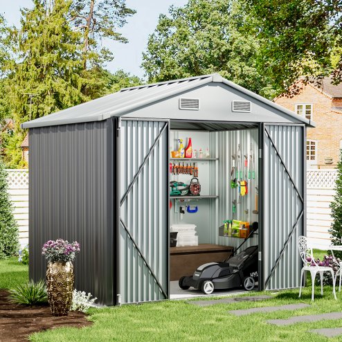Living and Home 7.83 x 6.1FT Apex Roof Metal Garden Storage Shed with Lockable Door, Grey+White