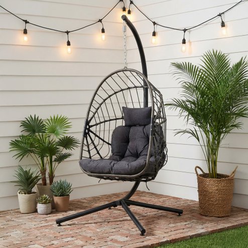 Living and Home Swing Hanging Egg Chair with Cushion and Headrest, Grey+Black