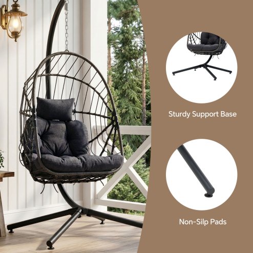 Living and Home Swing Hanging Egg Chair with Cushion and Headrest, Grey+Black