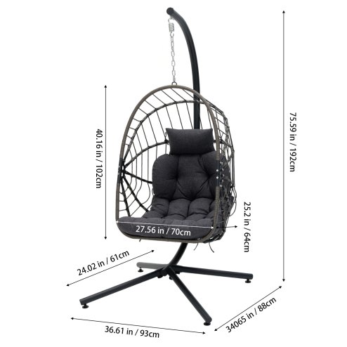 Living and Home Swing Hanging Egg Chair with Cushion and Headrest, Grey+Black