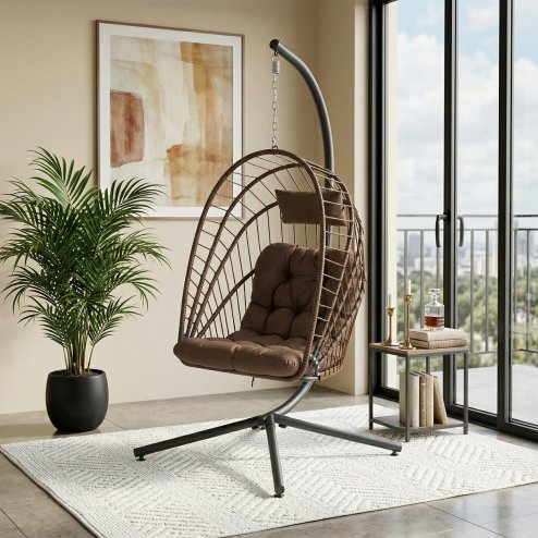 Living and Home Swing Hanging Egg Chair with Cushion and Headrest, Brown + Black