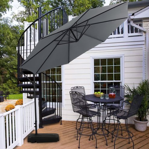 Rattan Modular 6-Piece Garden Furniture Set Black + 3M Banana Cantilever Patio Parasol with Wheeled Fillable Base + Waterproof Parasol Cover Bundle