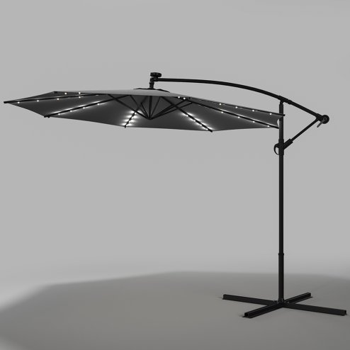 Grey Rattan 7 Piece Modular Garden Furniture Set + 32 LED Patio Umbrella Bundle