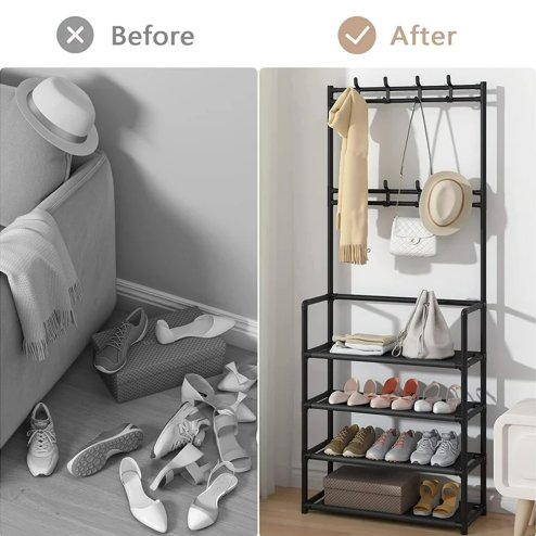 Living and Home Entryway 4 Tier Shoe Rack with Coat Hanger, Black