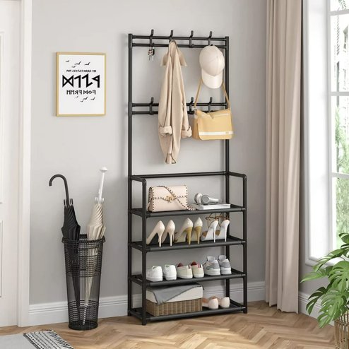Living and Home Entryway 4 Tier Shoe Rack with Coat Hanger, Black