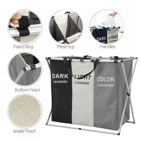 Living and Home 3-Section Foldable Laundry Basket with Aluminum Frame