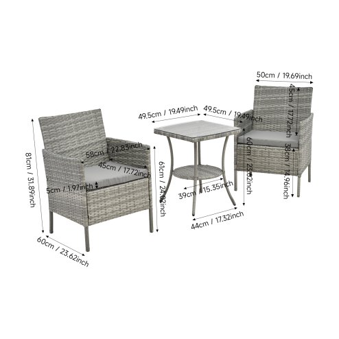 Living and Home 3-Piece PE Rattan Garden Furniture Bistro Set, Outdoor Patio Table and Chairs Set, Anti-tear, Anti-aging