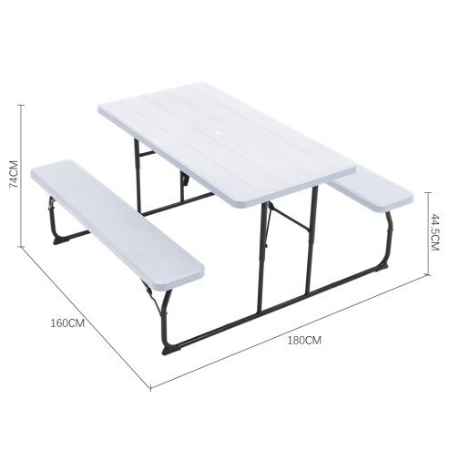 Living and Home White Foldable Picnic Table and Bench Set with Parasol Hole 180cm W x 160cm D x 74cm H