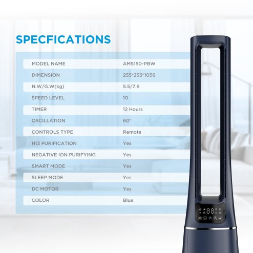 2-in-1 Bladeless Tower Fan with HEPA Filter For Air Purify with Touch Screen LED Display, Dark Blue