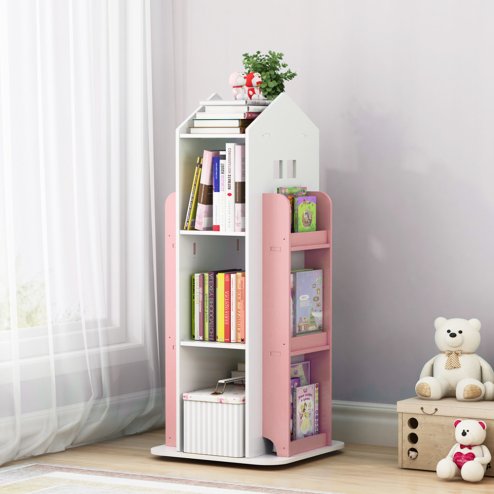 Living and Home Kids' House Frame Rotating Bookshelf in Pink