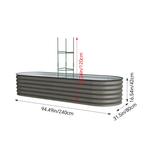 Living and Home 240cm W Outdoor Galvanized Steel Grey Raised Garden Bed with Green Trellis