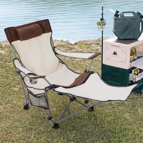 Living and Home Outdoor 2-In-1 Foldable Camping Chair with Footrest, Lounge Chair, Beige