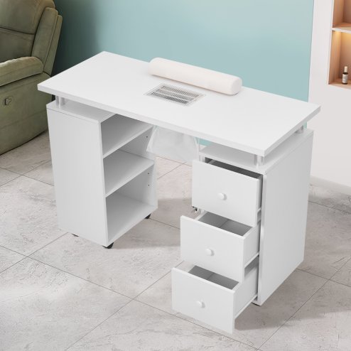 Living and Home White Manicure Table with Dust Collector and Wrist Cushion, 108 cm W x 45 cm D x 78 cm H