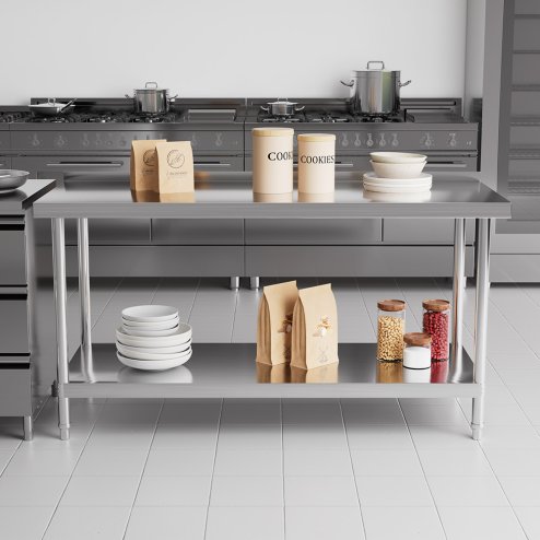Living and Home 2 Tier Commercial Kitchen Prep & Work Stainless Steel Table with Backsplash