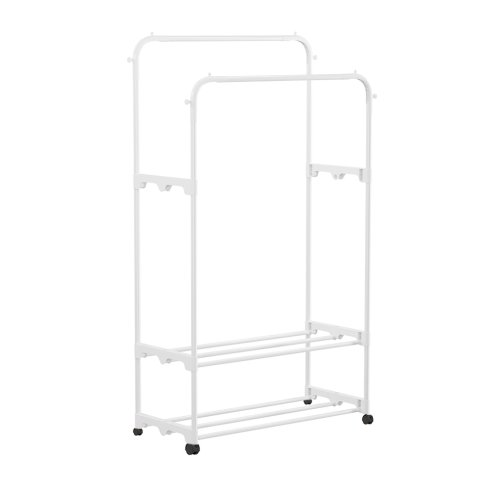 Living and Home Freestanding Double Rod Metal Clothes Rack with 2 Shelves and Hooks, White