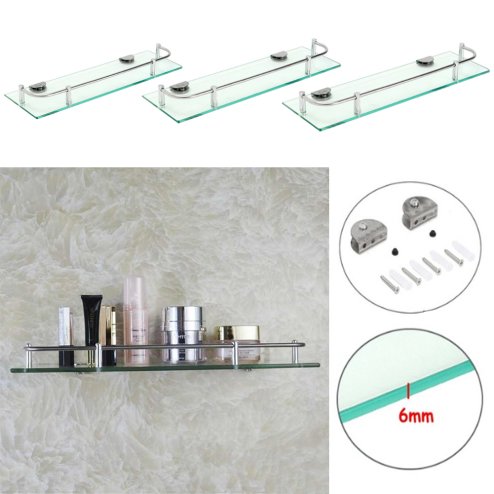 Living and Home 38.5/50/60cm Wall Mounted Tempered Glass Bathroom Shelf, 6mm Thick Glass Toiletries Storage Organizer with Guardrail