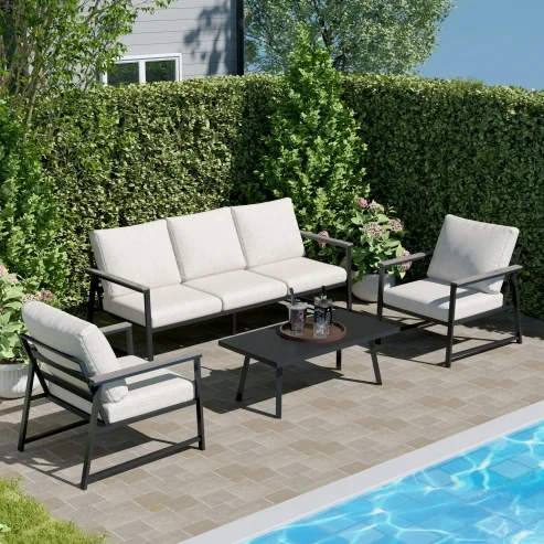 Living and Home 4 Piece Aluminium Outdoor Sofa Set with Glass Table Garden Furniture