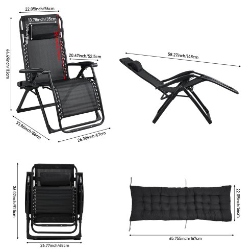 Living and Home Zero Gravity Outdoor Recliner with Seat Cushion & Headrest, Black
