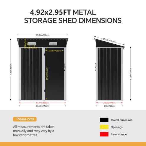 Living and Home 4.92x2.95ft Outdoor Metal Storage Shed, Pent Roof Garden Tool House with Lockable Door, Vents, Black & White