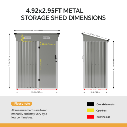 Living and Home 4.92x2.95ft Outdoor Metal Storage Shed, Pent Roof Garden Tool House with Lockable Door, Vents, Grey & White