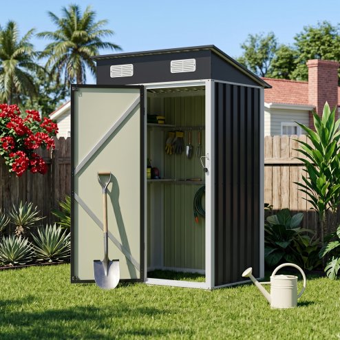 Living and Home 3.94x2.95ft Outdoor Metal Storage Shed, Pent Roof Garden Tool House with Lockable Door & Vents, Black & White