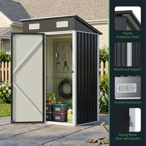 Living and Home 3.94x2.95ft Outdoor Metal Storage Shed, Pent Roof Garden Tool House with Lockable Door & Vents, Black & White