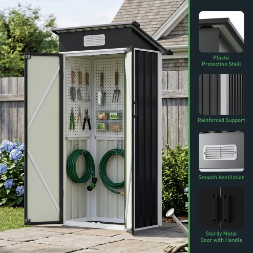 Living and Home 2.95x1.97ft Outdoor Metal Storage Shed, Pent Roof Garden Tool House with Lockable Double Doors & Vent, Black+White