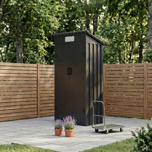 Living and Home 2.95x1.97ft Outdoor Metal Storage Shed, Pent Roof Garden Tool House with Lockable Double Doors & Vent, Black