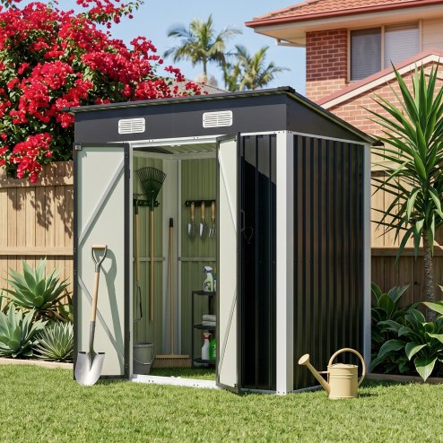 Living and Home 5.91x3.94ft Outdoor Metal Storage Shed, Pent Roof Garden Tool House with Lockable Double Doors & Vents, Black & White