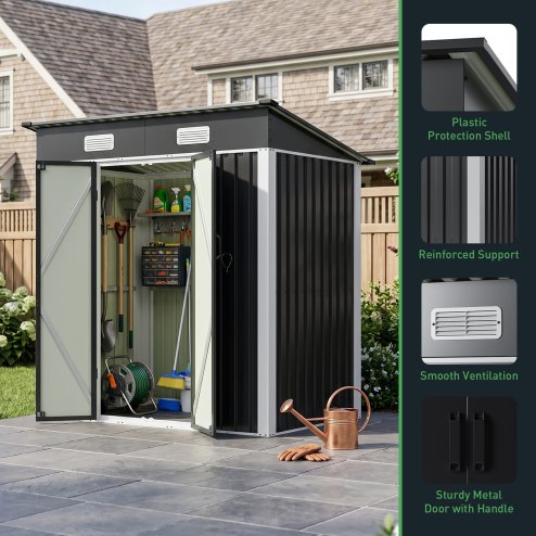 Living and Home 5.91x3.94ft Outdoor Metal Storage Shed, Pent Roof Garden Tool House with Lockable Double Doors & Vents, Black & White