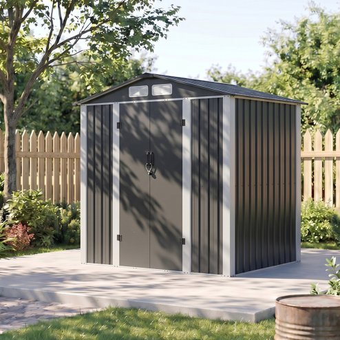 Living and Home 5.91x3.94ft Apex Roof Metal Storage Shed, Outdoor Garden Tool House with Lockable Double Doors & Vents, Black & White