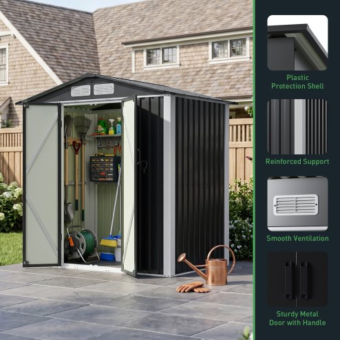 Living and Home 5.91x3.94ft Apex Roof Metal Storage Shed, Outdoor Garden Tool House with Lockable Double Doors & Vents, Black & White