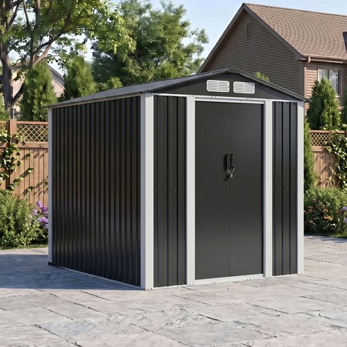 Living and Home 5.91x7.87ft Apex Roof Metal Storage Shed, Outdoor Garden Tool House with Lockable Sliding Door & Vents, Black & White
