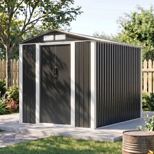 Living and Home 5.91x7.87ft Apex Roof Metal Storage Shed, Outdoor Garden Tool House with Lockable Sliding Door & Vents, Black & White