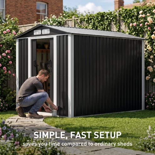 Living and Home 5.91x7.87ft Apex Roof Metal Storage Shed, Outdoor Garden Tool House with Lockable Sliding Door & Vents, Black & White